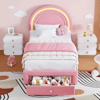 Cadre de lit double rembourré avec tiroir de rangement et tête de lit arc-en-ciel pour enfants, support à lattes en bois massif, pas besoin de sommier tapissier, montage facile