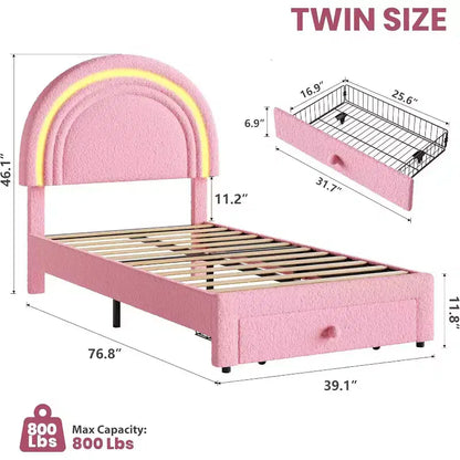 Cadre de lit double rembourré avec tiroir de rangement et tête de lit arc-en-ciel pour enfants, support à lattes en bois massif, pas besoin de sommier tapissier, montage facile