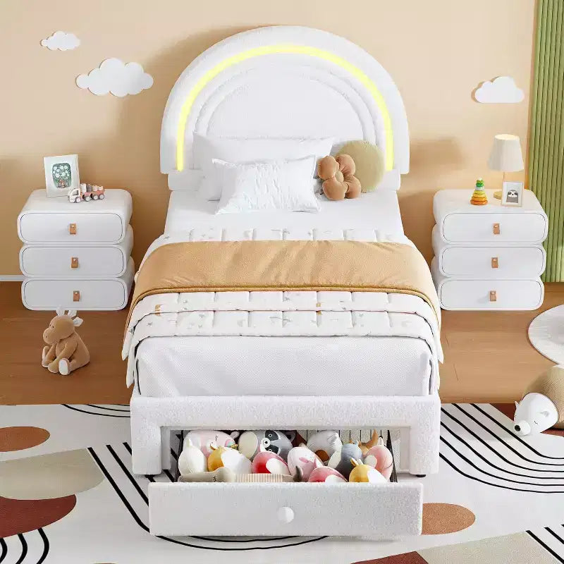 Cadre de lit double rembourré avec tiroir de rangement et tête de lit arc-en-ciel pour enfants, support à lattes en bois massif, pas besoin de sommier tapissier, montage facile
