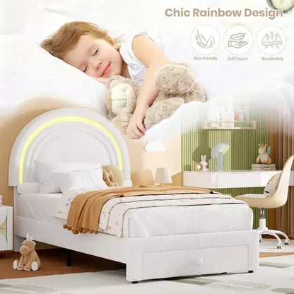 Cadre de lit double rembourré avec tiroir de rangement et tête de lit arc-en-ciel pour enfants, support à lattes en bois massif, pas besoin de sommier tapissier, montage facile