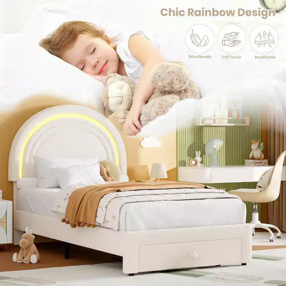 Cadre de lit double rembourré avec tiroir de rangement et tête de lit arc-en-ciel pour enfants, support à lattes en bois massif, pas besoin de sommier tapissier, montage facile