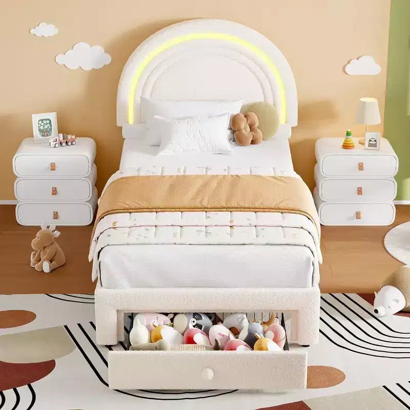 Cadre de lit double rembourré avec tiroir de rangement et tête de lit arc-en-ciel pour enfants, support à lattes en bois massif, pas besoin de sommier tapissier, montage facile