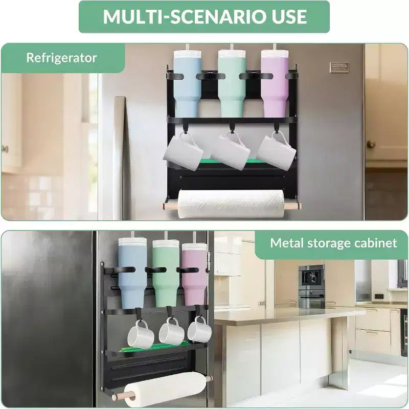 Porte-gobelet magnétique pour côté de réfrigérateur - Organiseur pliable et peu encombrant avec étagère et crochets, peut contenir 3 grandes tasses, installation sans perçage pour la cuisine
