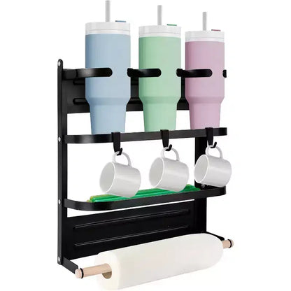 Porte-gobelet magnétique pour côté de réfrigérateur - Organiseur pliable et peu encombrant avec étagère et crochets, peut contenir 3 grandes tasses, installation sans perçage pour la cuisine