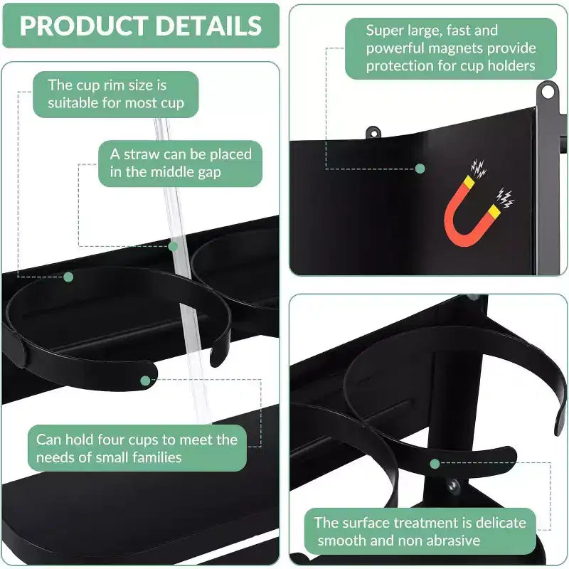 Porte-gobelet magnétique pour côté de réfrigérateur - Organiseur pliable et peu encombrant avec étagère et crochets, peut contenir 3 grandes tasses, installation sans perçage pour la cuisine