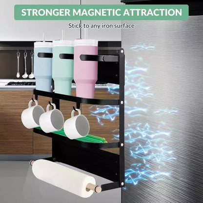 Porte-gobelet magnétique pour côté de réfrigérateur - Organiseur pliable et peu encombrant avec étagère et crochets, peut contenir 3 grandes tasses, installation sans perçage pour la cuisine