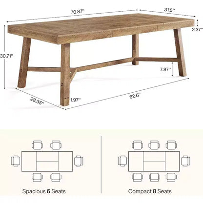 Table à manger de ferme 70,9" pour 6-8 personnes avec pieds renforcés - Naturel