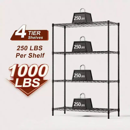 Étagères de rangement en fil métallique à 4 niveaux, noires, pour maison ou garage, en métal robuste, supporte jusqu'à 450 kg, aucun assemblage requis, étagères réglables