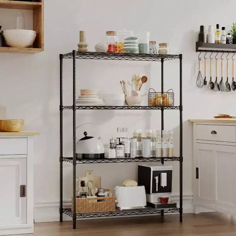 Étagères de rangement en fil métallique à 4 niveaux, noires, pour maison ou garage, en métal robuste, supporte jusqu'à 450 kg, aucun assemblage requis, étagères réglables