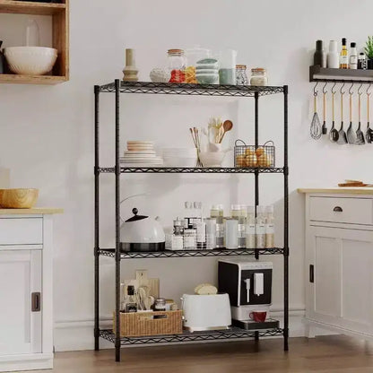 Étagères de rangement en fil métallique à 4 niveaux, noires, pour maison ou garage, en métal robuste, supporte jusqu'à 450 kg, aucun assemblage requis, étagères réglables