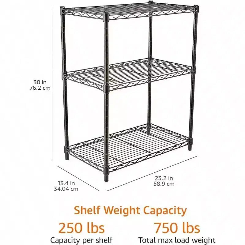 Étagère de rangement à 3 niveaux en fil d'acier robuste et réglable, organisateur pour cuisine et garage, noire, 59 cm (L) x 34 cm (l) x 76 cm (H)