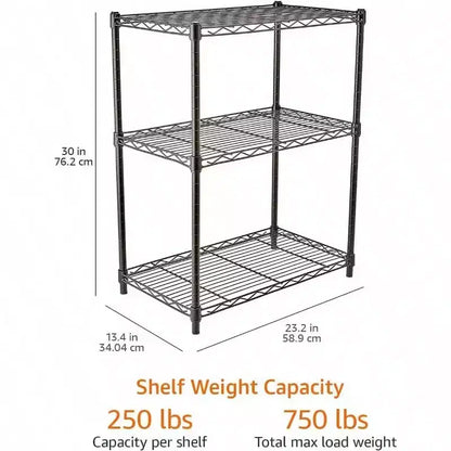 Étagère de rangement à 3 niveaux en fil d'acier robuste et réglable, organisateur pour cuisine et garage, noire, 59 cm (L) x 34 cm (l) x 76 cm (H)