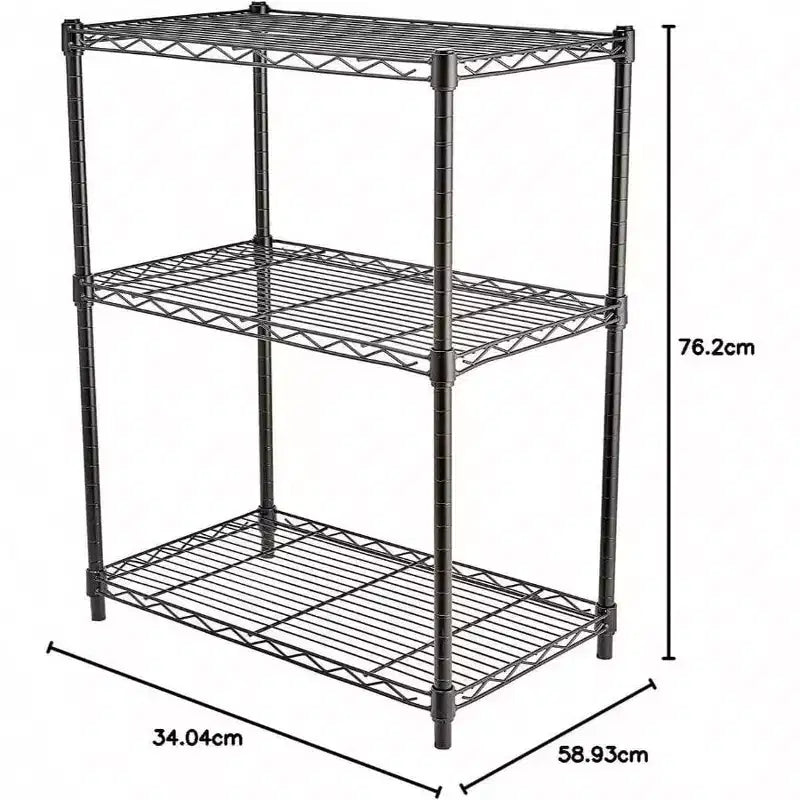 Étagère de rangement à 3 niveaux en fil d'acier robuste et réglable, organisateur pour cuisine et garage, noire, 59 cm (L) x 34 cm (l) x 76 cm (H)