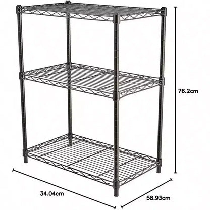 Étagère de rangement à 3 niveaux en fil d'acier robuste et réglable, organisateur pour cuisine et garage, noire, 59 cm (L) x 34 cm (l) x 76 cm (H)