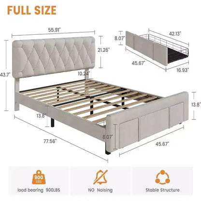 Cadre de lit beige king size, cadre de lit plateforme rembourré avec tiroirs de rangement, sommier, support à lattes en bois massif, pas besoin de sommier tapissier