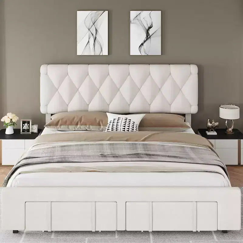 Cadre de lit beige king size, cadre de lit plateforme rembourré avec tiroirs de rangement, sommier, support à lattes en bois massif, pas besoin de sommier tapissier