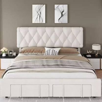 Cadre de lit beige king size, cadre de lit plateforme rembourré avec tiroirs de rangement, sommier, support à lattes en bois massif, pas besoin de sommier tapissier