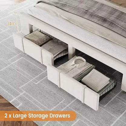 Cadre de lit beige king size, cadre de lit plateforme rembourré avec tiroirs de rangement, sommier, support à lattes en bois massif, pas besoin de sommier tapissier