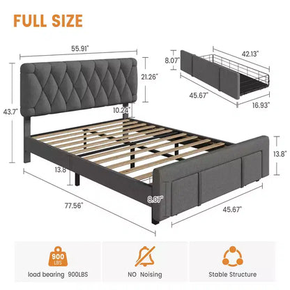 Cadre de lit beige king size, cadre de lit plateforme rembourré avec tiroirs de rangement, sommier, support à lattes en bois massif, pas besoin de sommier tapissier