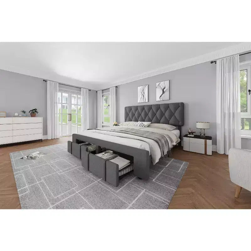 Cadre de lit beige king size, cadre de lit plateforme rembourré avec tiroirs de rangement, sommier, support à lattes en bois massif, pas besoin de sommier tapissier