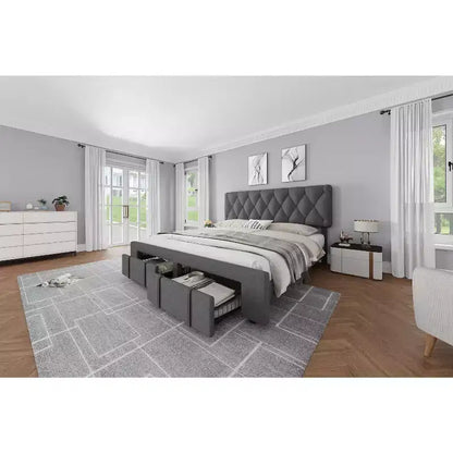 Cadre de lit beige king size, cadre de lit plateforme rembourré avec tiroirs de rangement, sommier, support à lattes en bois massif, pas besoin de sommier tapissier