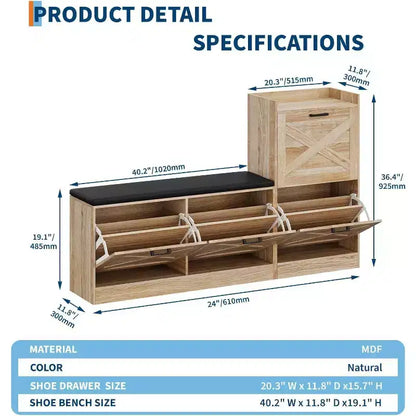 Banc de rangement pour chaussures avec 4 tiroirs basculants et coussin d'assise rembourré, meuble à chaussures étroit en bois avec rangement dissimulé