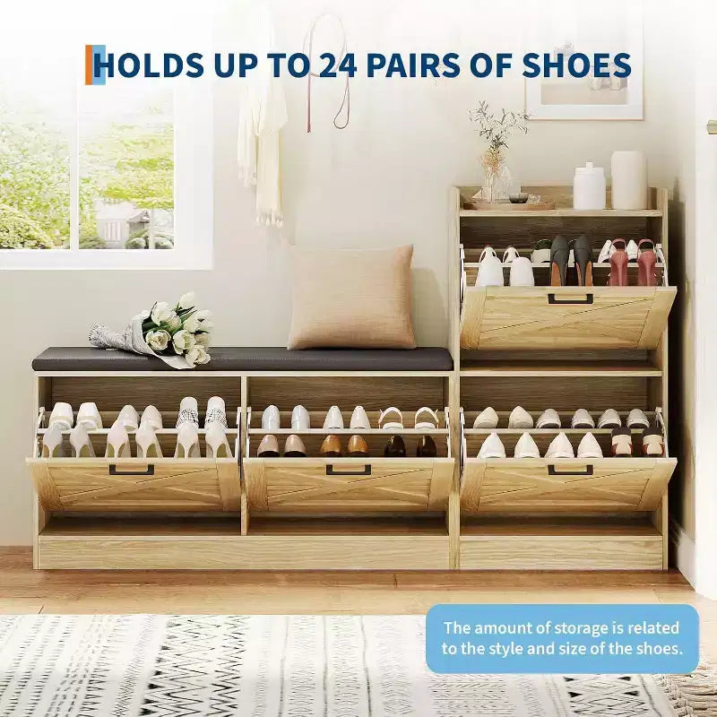 Banc de rangement pour chaussures avec 4 tiroirs basculants et coussin d'assise rembourré, meuble à chaussures étroit en bois avec rangement dissimulé