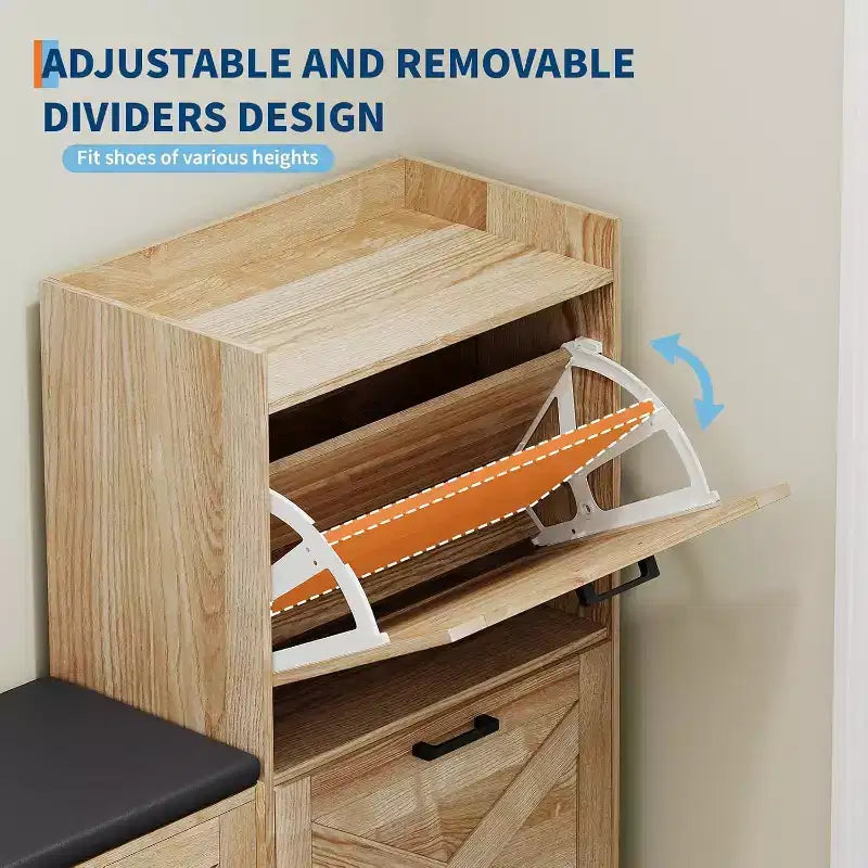 Banc de rangement pour chaussures avec 4 tiroirs basculants et coussin d'assise rembourré, meuble à chaussures étroit en bois avec rangement dissimulé