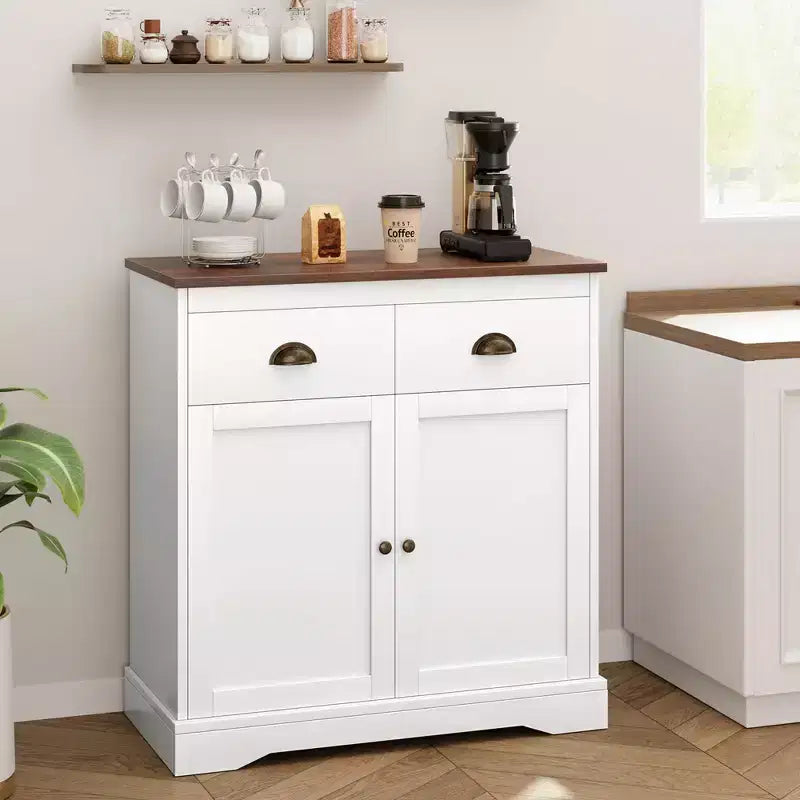 Buffet Cabinet with Storage, Farmhouse Coffee Bar Cabinet with 2 Doors and 2 Drawers, Wooden Kitchen Sideboard White