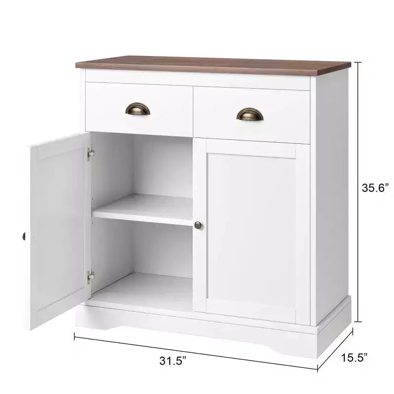 Meuble buffet avec rangement, armoire de bar à café de style ferme avec 2 portes et 2 tiroirs, buffet de cuisine en bois blanc
