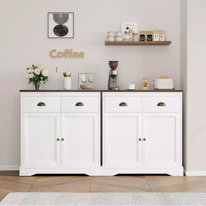 Meuble buffet avec rangement, armoire de bar à café de style ferme avec 2 portes et 2 tiroirs, buffet de cuisine en bois blanc