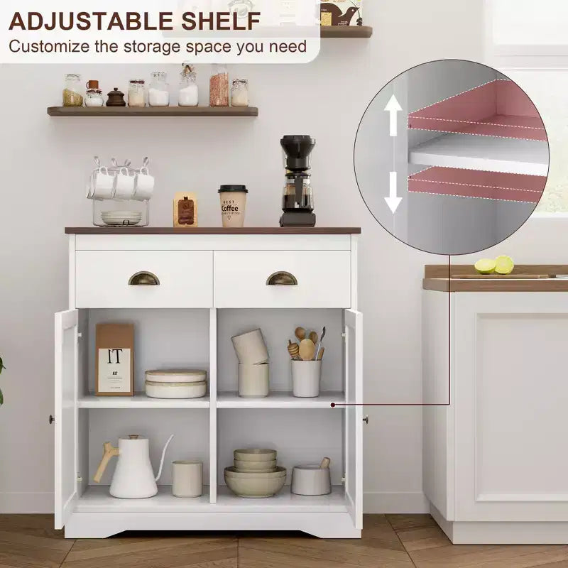Meuble buffet avec rangement, armoire de bar à café de style ferme avec 2 portes et 2 tiroirs, buffet de cuisine en bois blanc