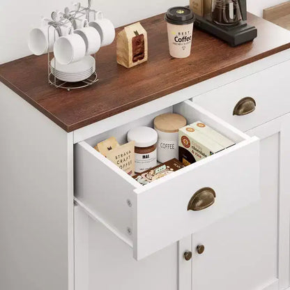 Meuble buffet avec rangement, armoire de bar à café de style ferme avec 2 portes et 2 tiroirs, buffet de cuisine en bois blanc