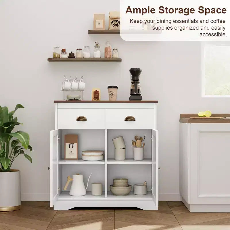 Meuble buffet avec rangement, armoire de bar à café de style ferme avec 2 portes et 2 tiroirs, buffet de cuisine en bois blanc