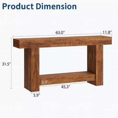 Table console de ferme à 2 niveaux en bois de 160 cm avec étagère de rangement pour entrée