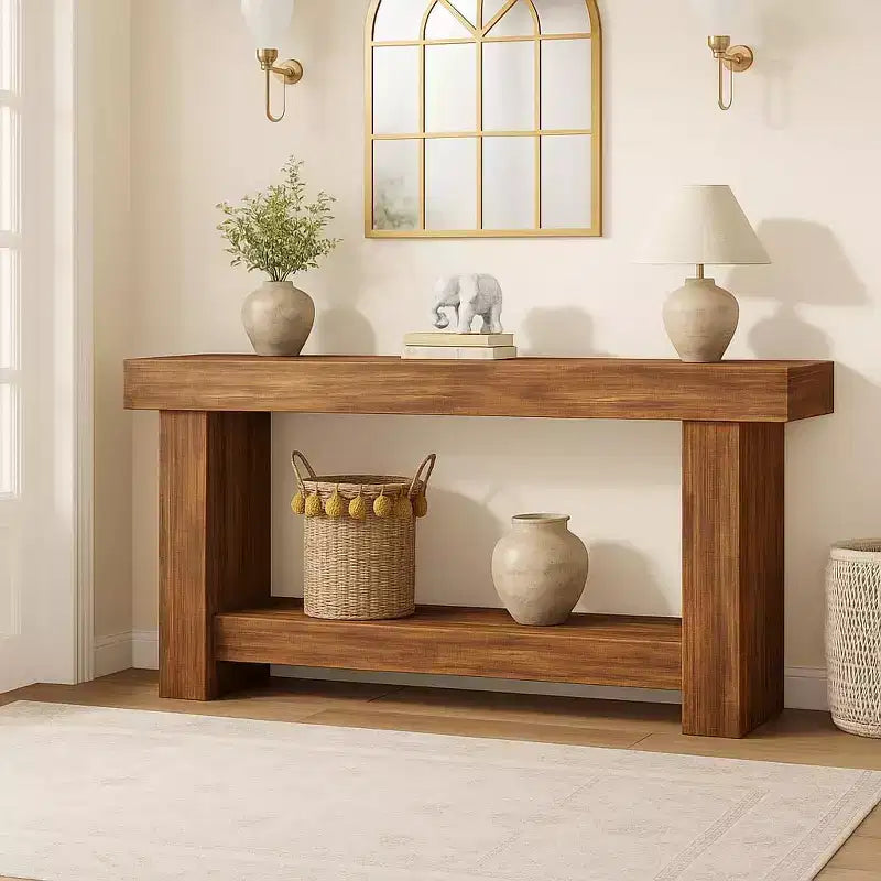 Table console de ferme à 2 niveaux en bois de 160 cm avec étagère de rangement pour entrée
