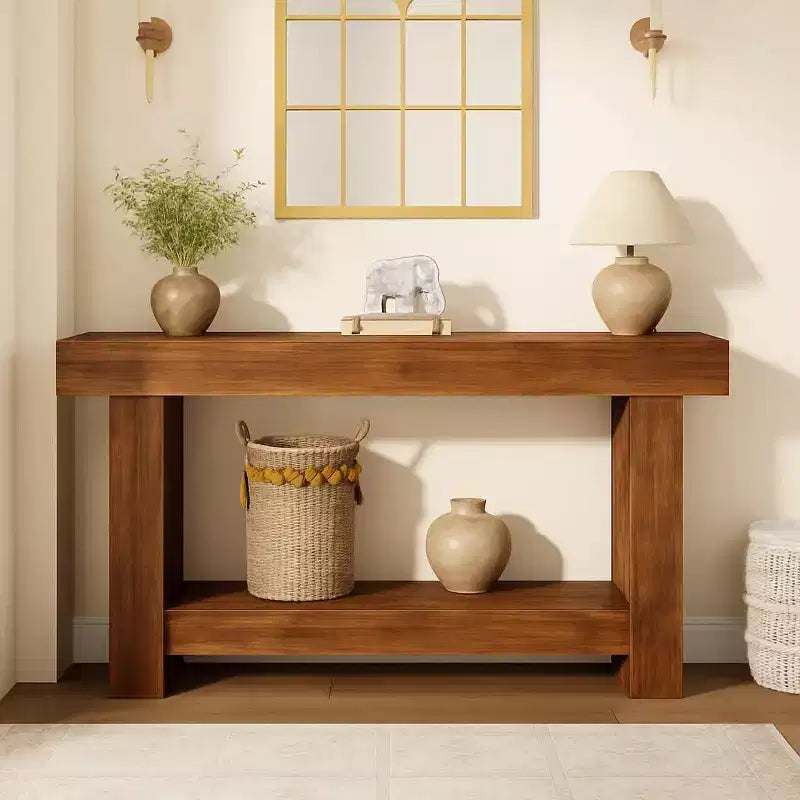 Table console de ferme à 2 niveaux en bois de 160 cm avec étagère de rangement pour entrée
