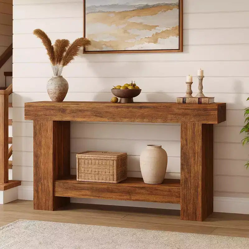 Table console de ferme à 2 niveaux en bois de 160 cm avec étagère de rangement pour entrée