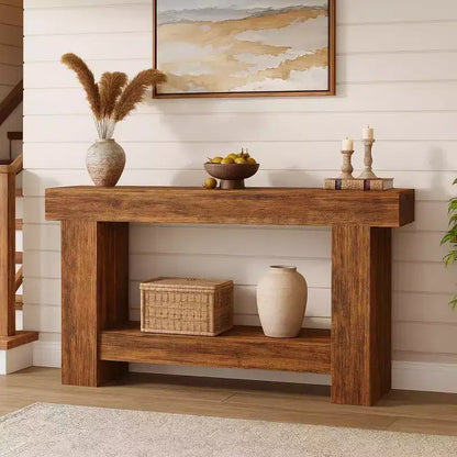 Table console de ferme à 2 niveaux en bois de 160 cm avec étagère de rangement pour entrée