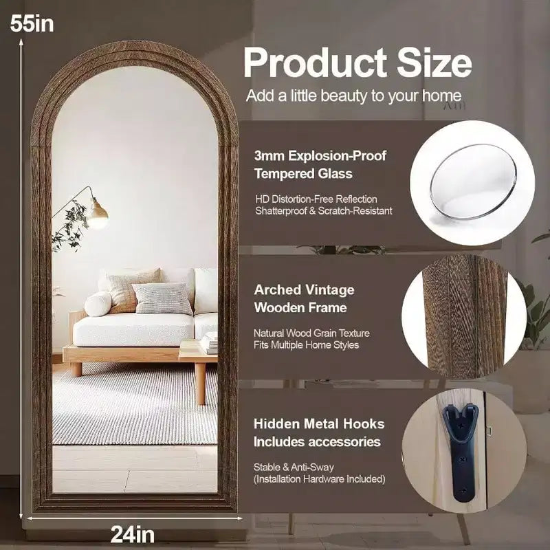 Miroir arqué pleine longueur avec cadre en bois massif marron 55x24 Miroir de ferme mural ou sur pied à suspendre verticalement pour chambre