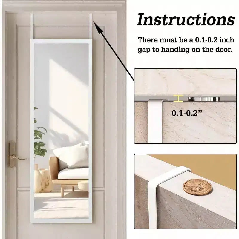 Miroir mural sur porte 48 x 16 pouces, pleine longueur, avec 2 crochets métalliques, pour chambre, salon, salle de bain, blanc