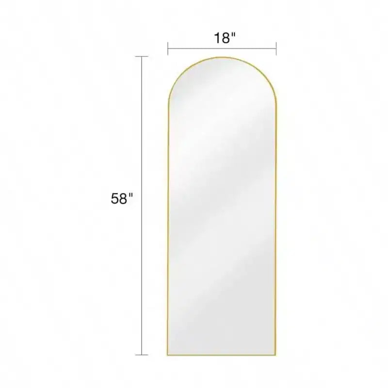 Miroir pleine longueur arqué de 58 x 18 pouces, sur pied ou mural, avec support, cadre en aluminium, verre incassable, doré