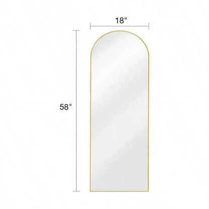 Miroir pleine longueur arqué de 58 x 18 pouces, sur pied ou mural, avec support, cadre en aluminium, verre incassable, doré