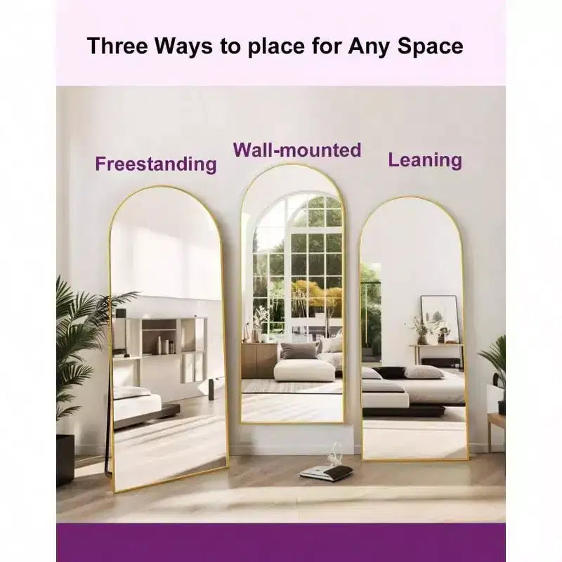 Miroir pleine longueur arqué de 58 x 18 pouces, sur pied ou mural, avec support, cadre en aluminium, verre incassable, doré
