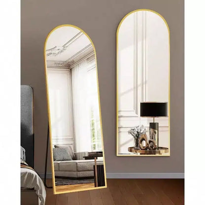 Miroir pleine longueur arqué de 58 x 18 pouces, sur pied ou mural, avec support, cadre en aluminium, verre incassable, doré