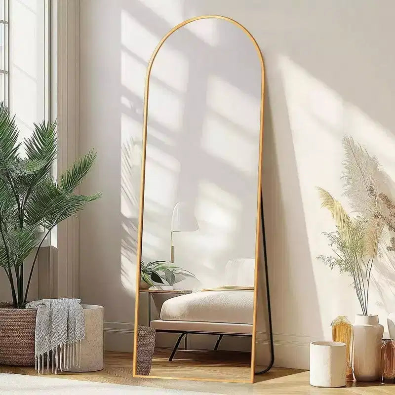Miroir pleine longueur arqué de 58 x 18 pouces, sur pied ou mural, avec support, cadre en aluminium, verre incassable, doré