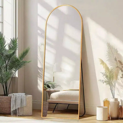 Miroir pleine longueur arqué de 58 x 18 pouces, sur pied ou mural, avec support, cadre en aluminium, verre incassable, doré