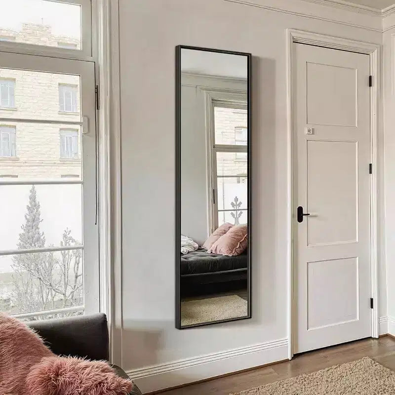 Miroir pleine longueur grand miroir de sol avec cadre en aluminium noir pour chambre salon salle de bain verre transparent anti-buée