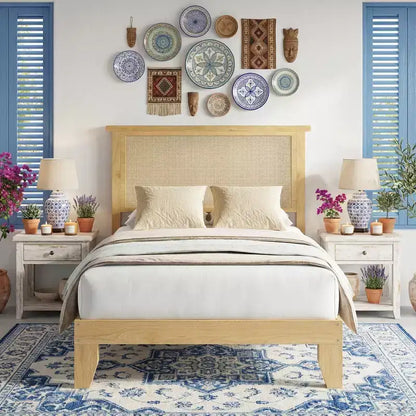 Rattan Bed Frame, Bohemian Rattan Bed Frame Twin with Natural Headboard, LED Lights, No Box Spring Needed