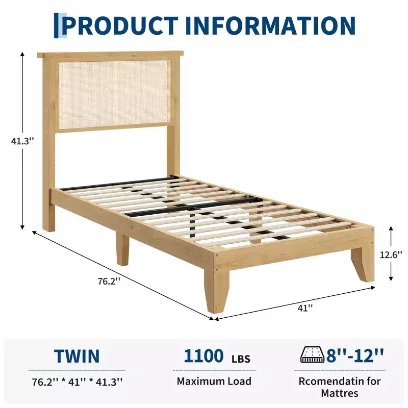 Cadre de lit en rotin, Cadre de lit double bohème en rotin avec tête de lit naturelle, lumières LED, pas besoin de sommier tapissier